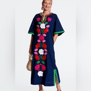 FRANCES VALENTINE Caftan joy Embroidery Dress Navy Pink  Green NWT